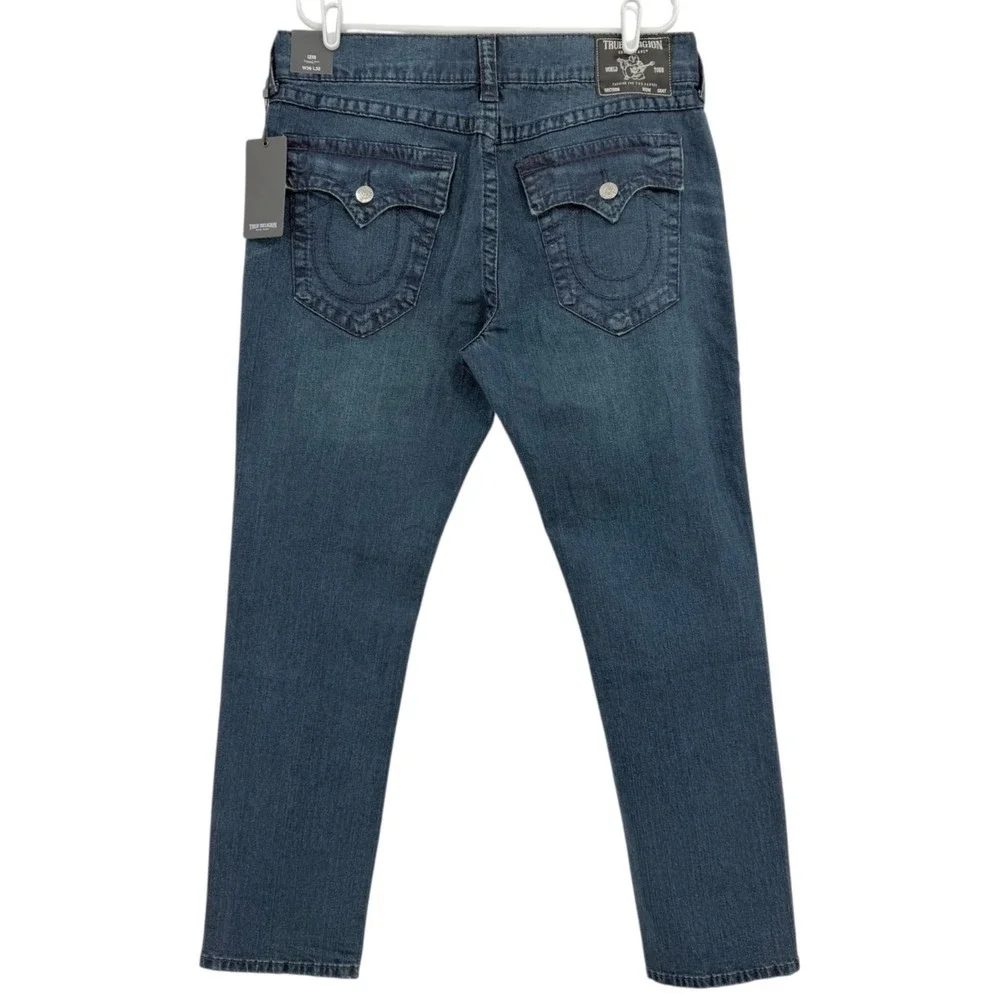 True Religion Men's Geno Relaxed Slim Big T Blue Denim Jeans 36x32 NWT $199.00